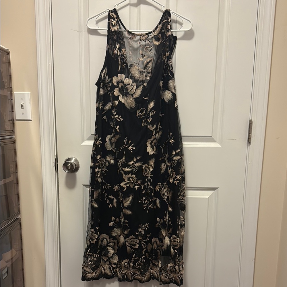 Calvin Klein Black and Gold Floral Midi Dress